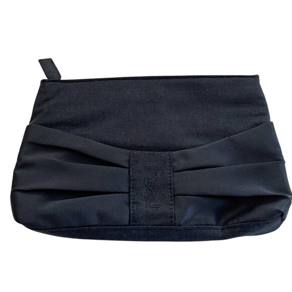 Yves Saint Laurent Canvas Pleated Satin Logo Clutch Bag w/Mirror Black - Picture 2 of 7